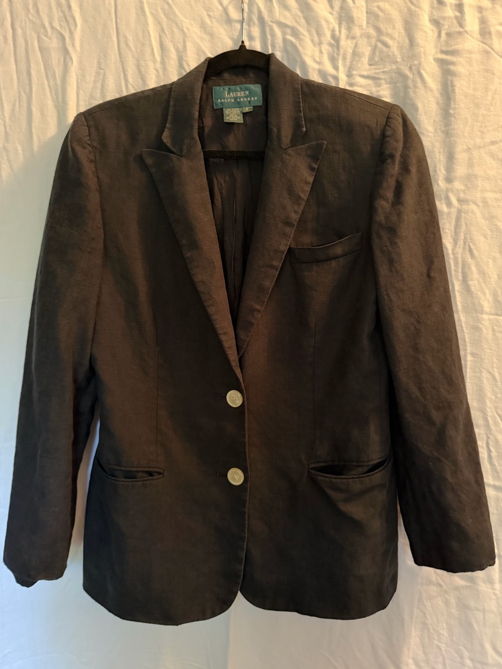 Lauren Ralph Lauren Blazer Size 8 100% Linen Black Notch Lapel Career Jacket